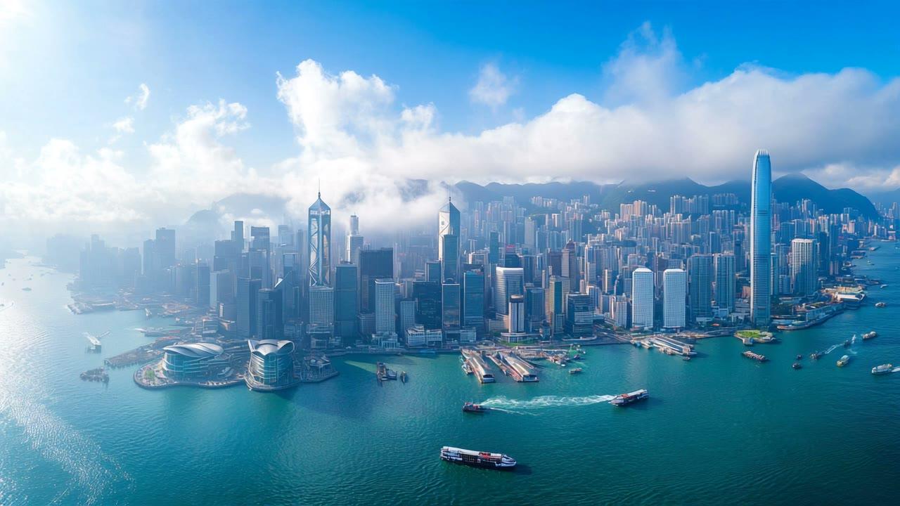 云雾之上的香港维多利亚港城市天际线